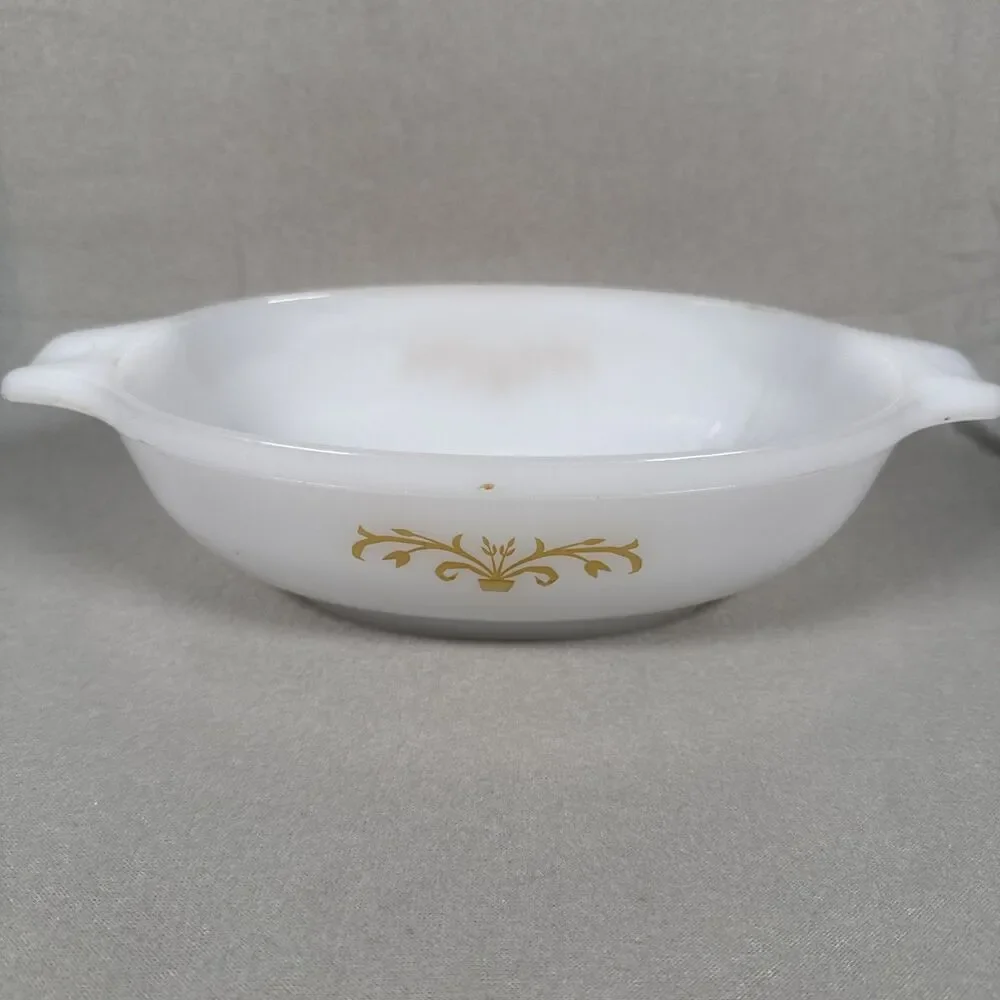 Vintage Glasbake J2274 1QT Casserole Dish Gold White Milk Glass Oval Small Nicks